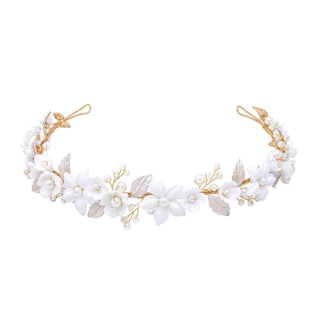 Wedding Headband Floral Ceramic Flowers Pearl Leaves Gold For Bridal Women Girls